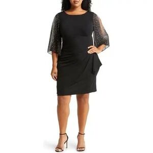 Alex Evenings Petite Black Beaded Sleeve Ruched Sheath Dress 12P Party Wedding